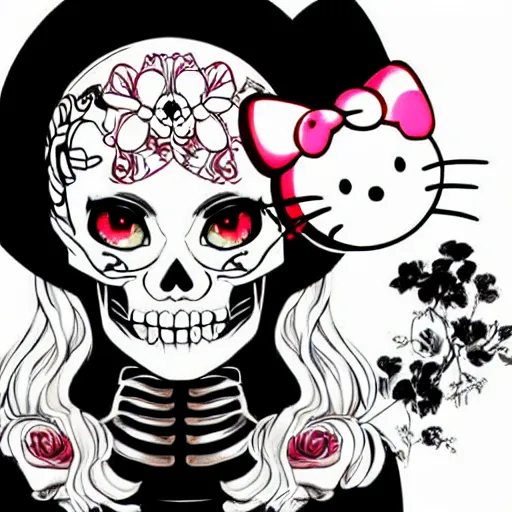 Image similar to anime manga skull portrait young woman skeleton, hello kitty, elegant, highly detailed, digital art, art by singer sergeant rolf harris