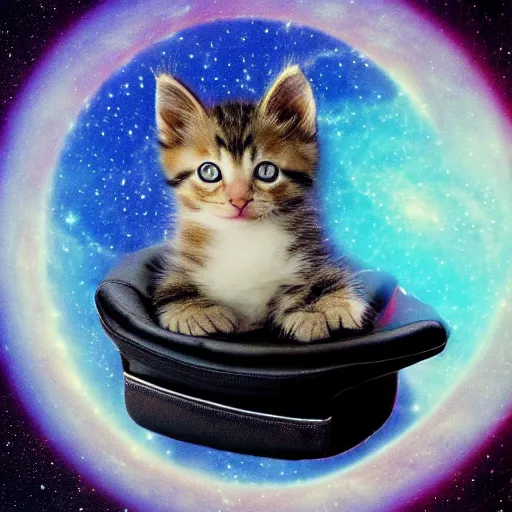 Image similar to a kitten wearing a red cape floating through galaxies of space on a recliner chair, cosmic rays, dramatic lighting, spirals galaxies