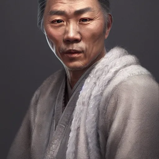 Image similar to portrait painting of a 6 0 year old kind handsome taoist priest, like runfa zhou, silver ponytail hair, amiable by wenjun lin, irakli nadar, bright colors, octopath traveler, wenjun lin, unreal engine 5 highly rendered, global illumination, radiant light, detailed and intricate environment