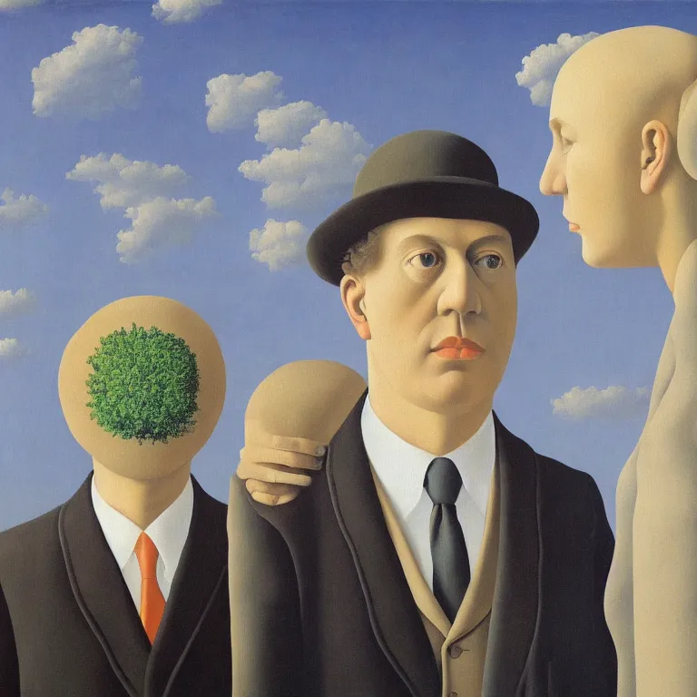 Image similar to the lovers, by rene magritte, detailed painting, distance, centered, hd, hq, high resolution, high detail, 4 k, 8 k