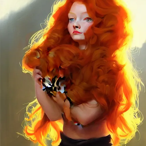 Image similar to greg manchess portrait painting of ginger girl!!! long curly hair!! evil, sad! with a ginger cat as overwatch character, medium shot, asymmetrical, profile picture, organic painting, sunny day, matte painting, bold shapes, hard edges, street art, trending on artstation, by huang guangjian and gil elvgren and sachin teng