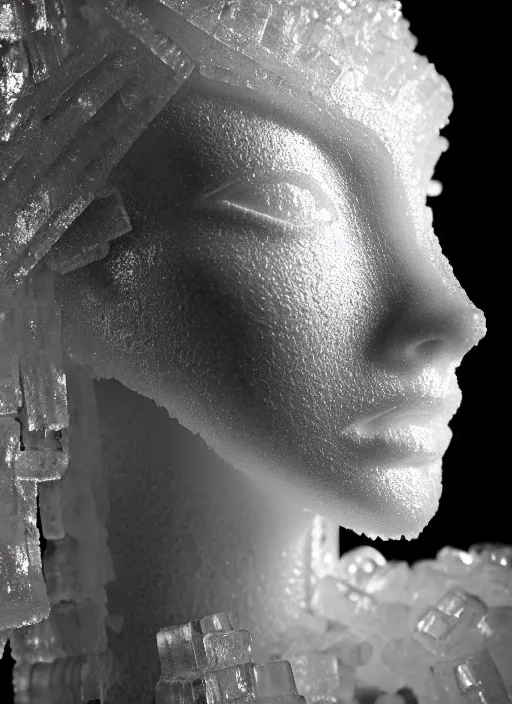 Image similar to a young female cyborg bust made of ice, dramatic, ilford hp 5, closeup - view, f / 2. 8, high contrast, 1 6 k, fluorescent lamp, contre - jour, insanely detailed and intricate, hypermaximalist, elegant, ornate, hyper realistic, super detailed