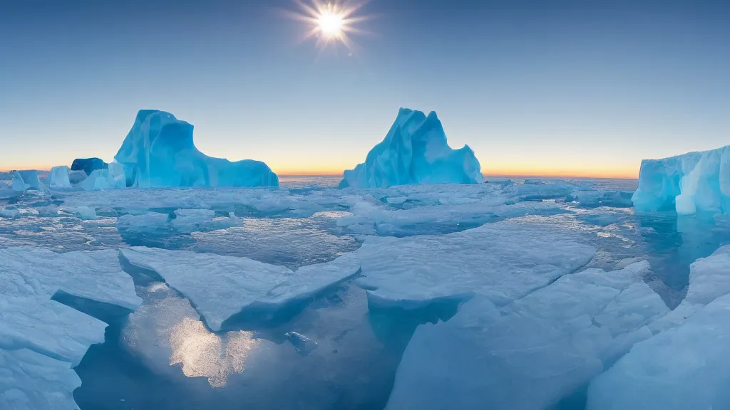 Prompt: photo of the most beautiful panoramic landscape, where a giant iceberg is lost in middle of the artic ocean, a giant penguin is exhaling steam while walking over the iceberg, there is nothing else, the artic ocean is reflecting the giant penguin over the iceberg and the ray lights of the sunset are brightening him, award winning photo, minimal style, by frans lanting