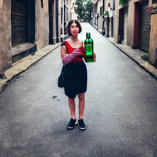 Prompt: photograph of woman holding a bottle in street, kodak, 4 k, realistic intricate detail, hyper detail, woman very tired, full body potrait holding bottle, hazel green eyes, realistic, highlydetailed, natural, masterpiece, sharp focus,