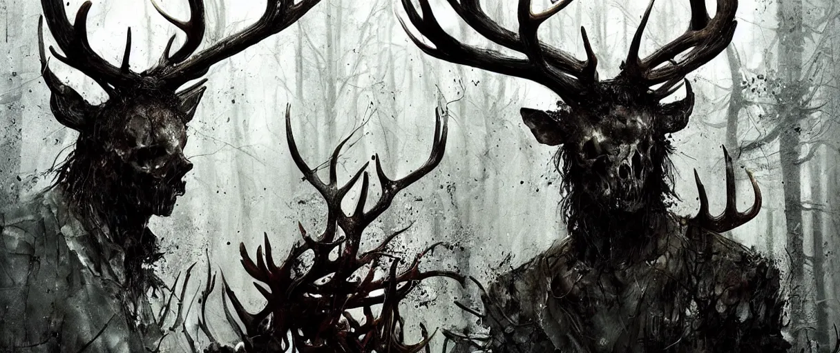 Image similar to portrait of leshen with deer skull and antlers from witcher 3 by emil melmoth zdzislaw beksinki craig mullins yoji shinkawa realistic render ominous detailed photo atmospheric by jeremy mann francis bacon and agnes cecile ink drips paint smears digital glitches glitchart