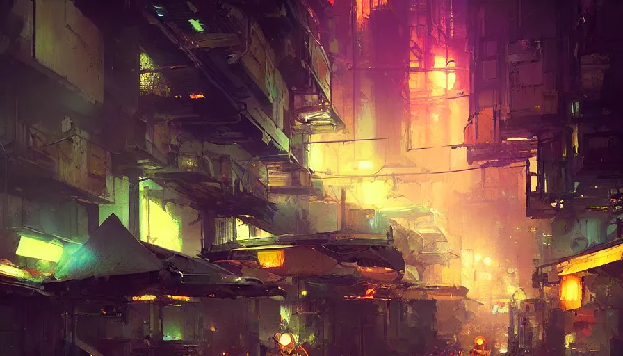 Prompt: an alley of a futuristic city at night by craig mullins and ismail inceoglu, atmospheric, fine details, vivid, neon, masterpiece, bokeh