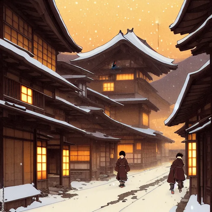 Image similar to empty rural japanese town at night, winter, in the style of studio ghibli, j. c. leyendecker, greg rutkowski, artem