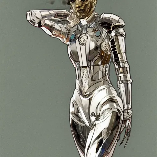 Prompt: White full body metallic mechanical armour, sci-fi art by alphonse mucha and greg rutkowski, highly detailed, digital painting, concept art, illustration, dim lighting, trending on artstation, very detailed, smooth, sharp focus, octane render