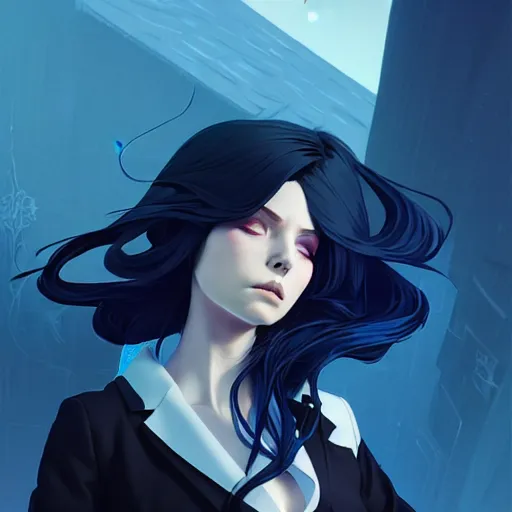 Prompt: low - angle shot from behind of a long blue - haired girl in a tailcoat overlooking noxus, noir, screenshot, sharp focus, intricate, illustration, cell shaded, digital painting, highly detailed, art by ilya kuvshinov, wlop, greg rutkowski, studio quality, james jean