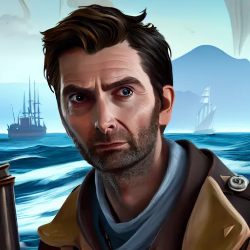 Image similar to david Tennant in the Sea of thieves, ultra detailed, on the ship, sharp focus, art by artgerm, 8k, game screenshot, hyperrealistic