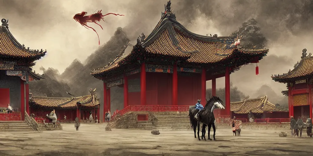 Image similar to a beautiful chinese temple, people riding horse, a fantasy digital painting by greg rutkowski