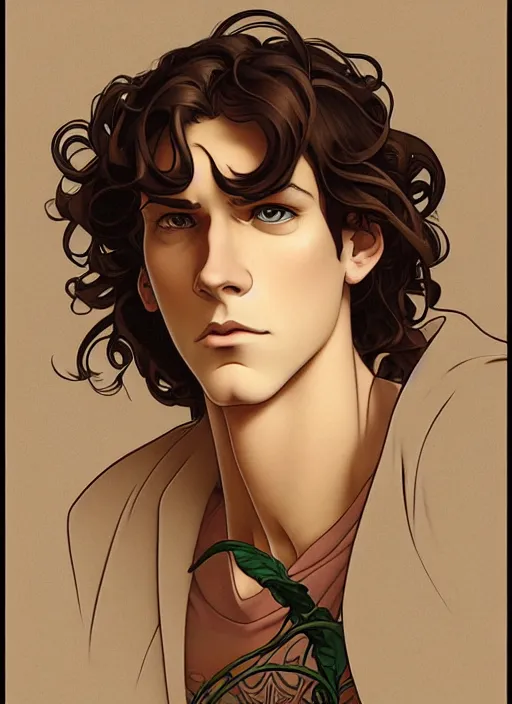 Image similar to art nouveau portrait of a young man with curly light brown hair, brown eyes, serious facial expression, gloomy mood, angry, t - shirt, natural lighting, path traced, highly detailed, high quality, cartoon, digital painting, by don bluth and ross tran and studio ghibli and alphonse mucha