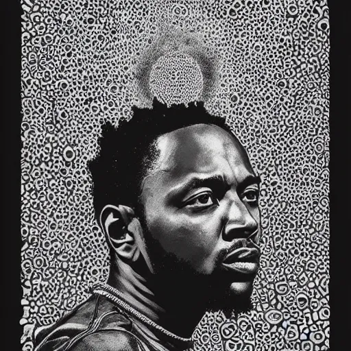 Image similar to kendrick lamar, portrait, meta by dan hillier, style of dan hillier