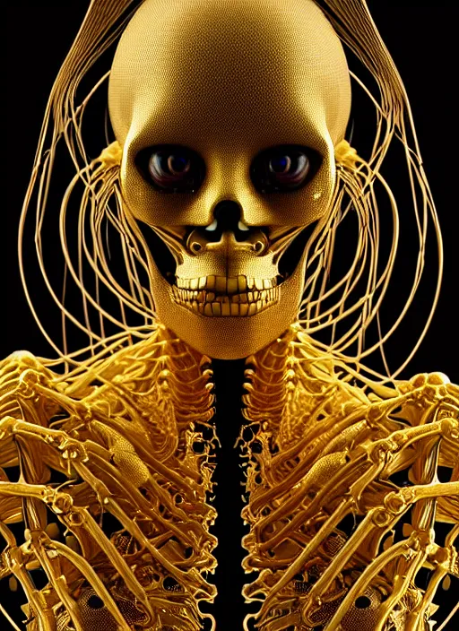 Image similar to portrait of an absurdly ugly, ungraceful, unsophisticated, unfashionable futuristic female golden skeleton with sections of skin showing, glowing internal light, hyperdetailed illustration by irakli nadar and alexandre ferra, intricate linework, faberge, intricate gold linework, dark atmosphere, unreal engine 5 highly rendered, global illumination, radiant light, detailed and intricate environment
