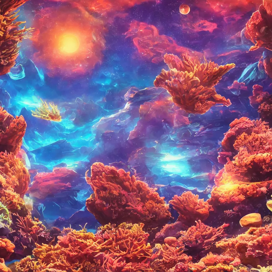 Image similar to album art, anime visuals, of an alien planet made out of different coloured corals, with big starfish, creatures, rocky landscape, floating waterfalls, omni magazine, beautiful space visuals