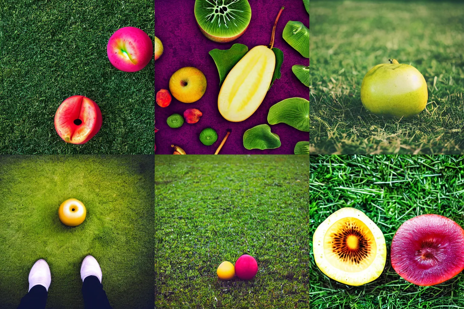 Prompt: Photograph of otherworldly fruit on grass, vibrant, studio