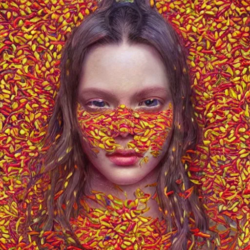 Image similar to the portrait of an unbelievably beautiful and sophisticated young woman made up of peppers looking straight up, an ultrafine detailed illustration by james jean, intricate linework, bright colors, final fantasy, behance contest winner, vanitas, angular, altermodern, unreal engine 5 highly rendered, global illumination, radiant light, detailed and intricate environment