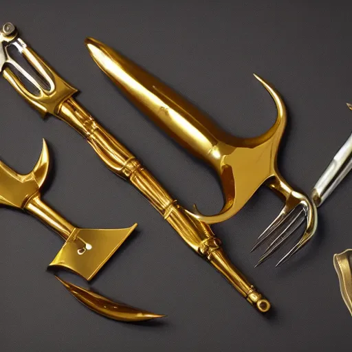 Prompt: polished gold surgical instruments designed in the style of body horror