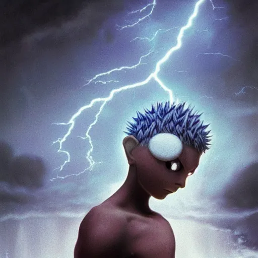 Image similar to killua zoldyck made by zdzisław beksinski, thunderstorm, lighting, blue, pose, 8 k, detailed, high quality, 8 k, detailed face, light