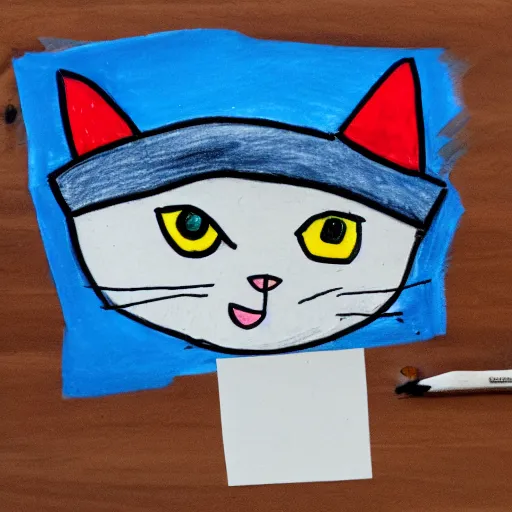 Prompt: kid drawing of a cat with a hat