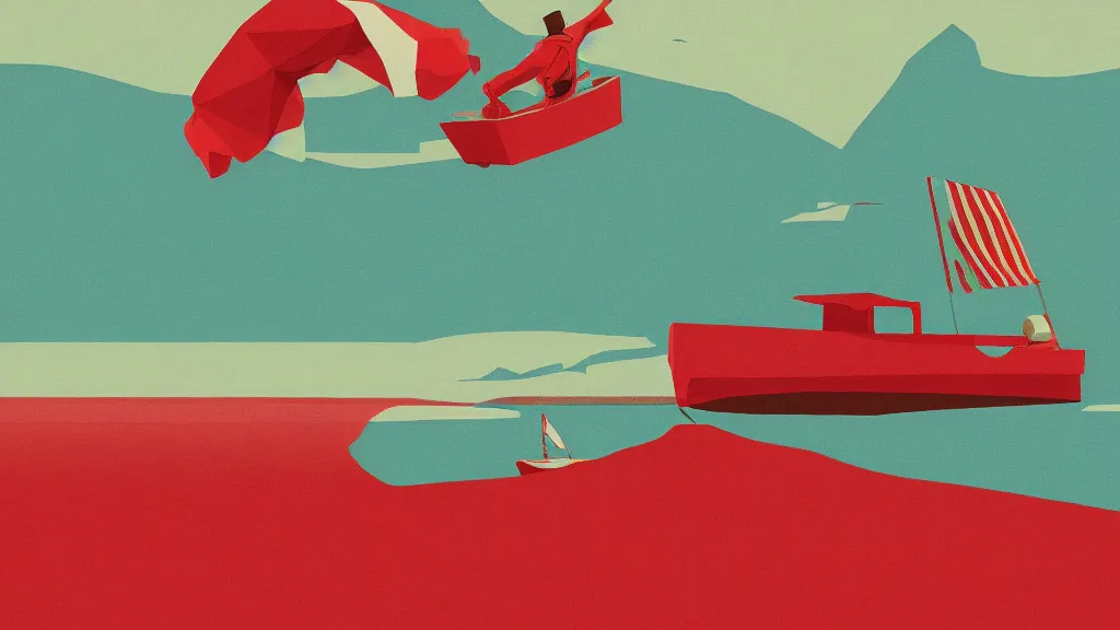 Image similar to a red boat floating on top of a body of water, a screenprint by Tom Whalen, behance contest winner, australian tonalism, matte drawing, outrun, low poly