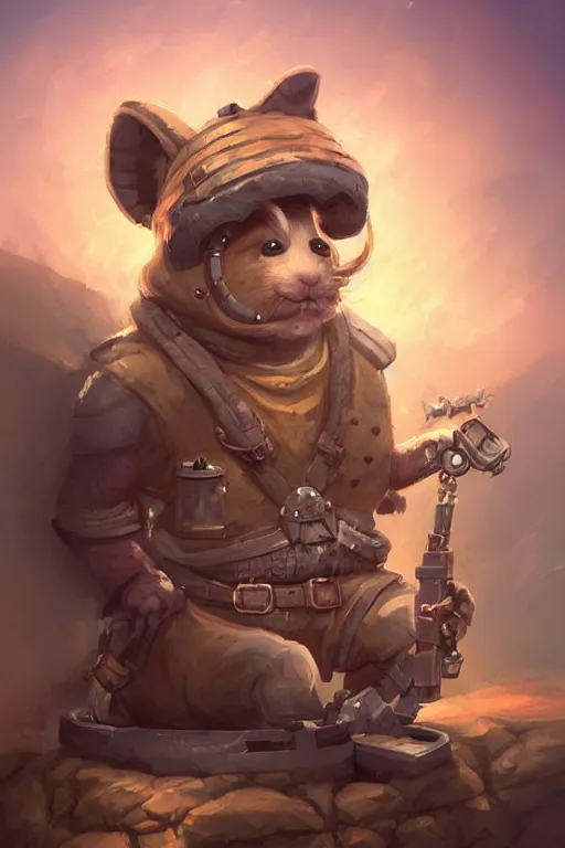 Image similar to cute little anthropomorphic Guinea Pig Tank driver next to its tank, tiny, small, short, Tank driver outfit, cute and adorable, pretty, beautiful, DnD character art portrait, matte fantasy painting, DeviantArt Artstation, by Jason Felix by Steve Argyle by Tyler Jacobson by Peter Mohrbacher, cinematic lighting