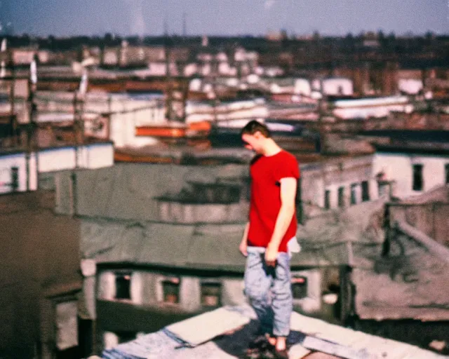 Image similar to lomo photo of man standing on the roof of soviet hrushevka, small town, cinestill, bokeh, out of focus