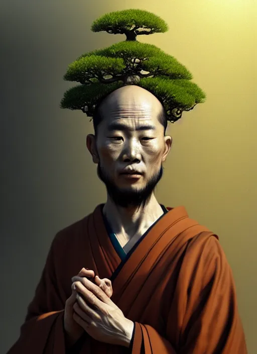 Image similar to shinto monk with a bonsai growing out of his head, intricate, rim light, octane render, by tomasz alen kopera, cgsociety and fenghua zhong, highly detailed, art, cinematic lighting, very coherent, hyper realism, high detail, 8 k