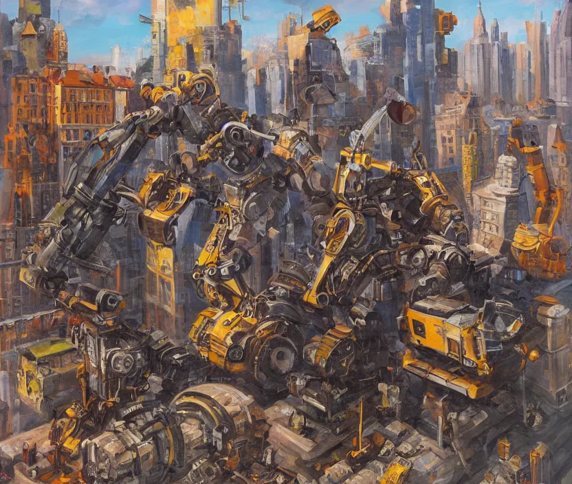 Prompt: painter building city together with mechanical golem, oil painting, by ilya sipyagin