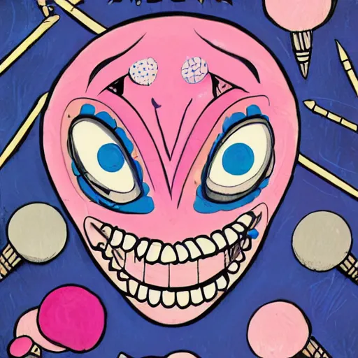 Image similar to laughing insane eyes mouth mask pink ice cream, blue waffle cone, jester themed, intricate concept art, thick line drawing, 1 9 8 3 action painted book cover art