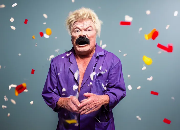 Prompt: photo still of rip taylor in patient surgery room!!!!!!!! at age 5 4 years old 5 4 years of age!!!!!!! throwing confetti from a bucket, 8 k, 8 5 mm f 1. 8, studio lighting, rim light, right side key light