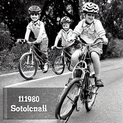 Image similar to realistic photograph from the 1980's of kids riding bikes in Australia near a river carrying a stamp collection with a speech bubble saying yeeeee!