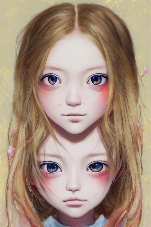 Prompt: portrait of a young cute beautiful girl with blond hair and big dark eyes artwork by Hikari Shimoda, Studio Ghibli, Chie Yoshii, artstation