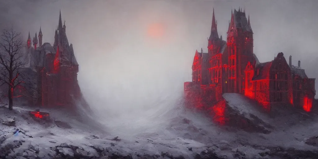 Prompt: A hyper realistic oil painting of a gothic castle made out of crimson stone, surrounded by snow, surrounded by fog, moody cinematic lighting, red moonlight above the castle, hyper detailed, by greg rutkowski, trending on artstation