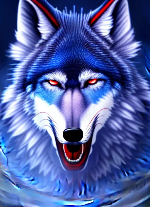 Prompt: blue wolf, red eyes highly detailed, deep focus, digital painting, smooth, sharp focus, illustration, trending on artstation, 4 k