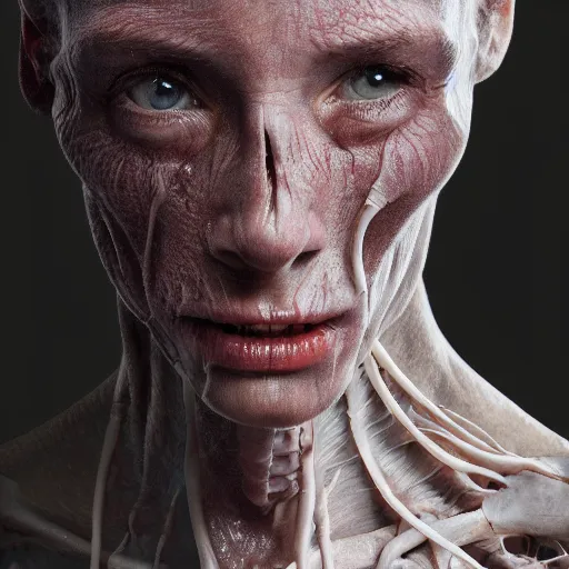Prompt: female human with translucent skin, visible muscles and veins and arteries and bones and spine and nerves, beautiful detailed intricate insanely detailed octane render, 8K artistic photography, photorealistic, chiaroscuro, by David Cronenberg, Raphael, Caravaggio