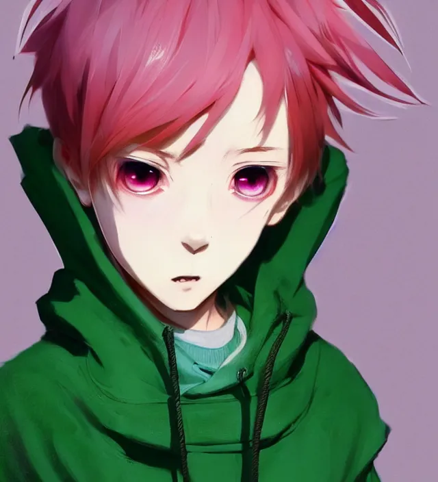 Image similar to a beautiful portrait of a cute anime boy with pink hair wearing a green hoodie. character design by cory loftis, fenghua zhong, ryohei hase, ismail inceoglu and ruan jia. artstation, volumetric light, detailed, photorealistic, fantasy, rendered in octane