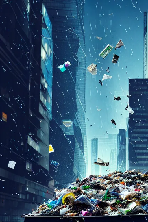 Image similar to trash falling from the sky, cyberpunk