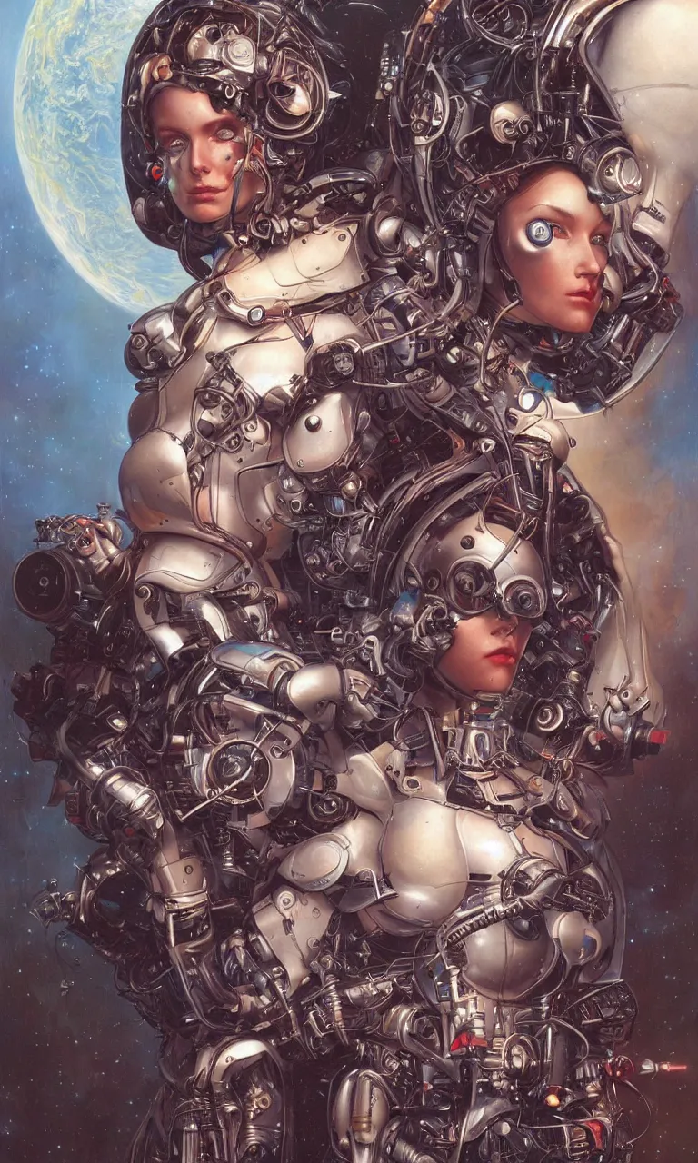 Prompt: the portrait of beautiful retro futuristic cyborg girl 9 0 s style art by tom bagshaw and donato giancola and manuel sanjulian