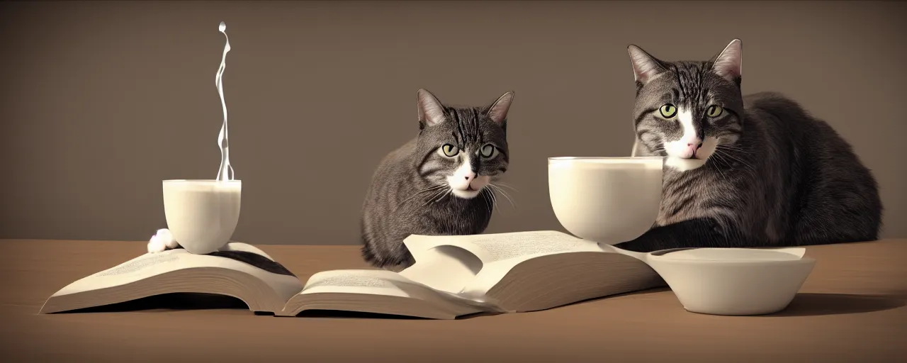 Prompt: a cat is drinking milk in a bowl, there is a book next to the cat, octane render,-H 704