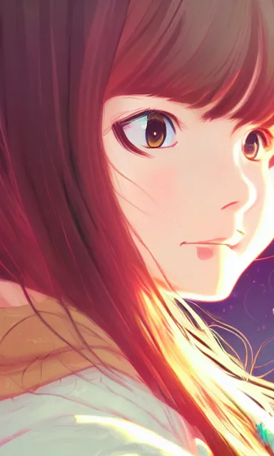 Prompt: a colorful scene of a girl with brown hair, anime, detailed background, female, portrait, tranquil, trending on artstation, by studio ghibli and rossdraws