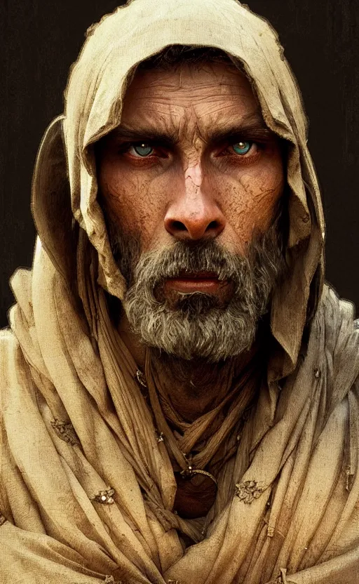 Image similar to a portrait of a medieval beggar, concept art, deep focus, intricate, highly detailed, digital painting, artstation, matte, sharp focus, illustration, art by greg rutkowski and alphonse mucha