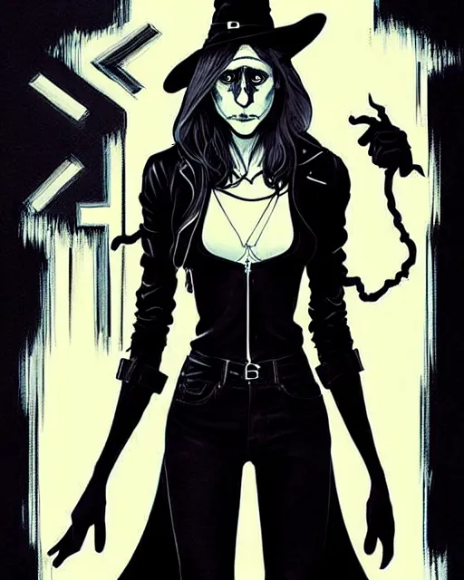 Prompt: rafael albuquerque comic art, peter mohrbacher, steve niles, artgerm, pretty taissa farmiga witch, symmetrical eyes, black leather jacket, jeans, long blonde hair