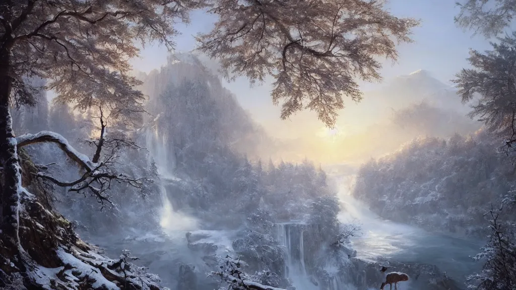 Image similar to the most beautiful panoramic landscape, oil painting, where a giant dreamy waterfall and the river below are frozen, the trees around have snow over their leafs, a majestic deer is exhaling steam and the ray lights of the sunrise are brightening him, by greg rutkowski