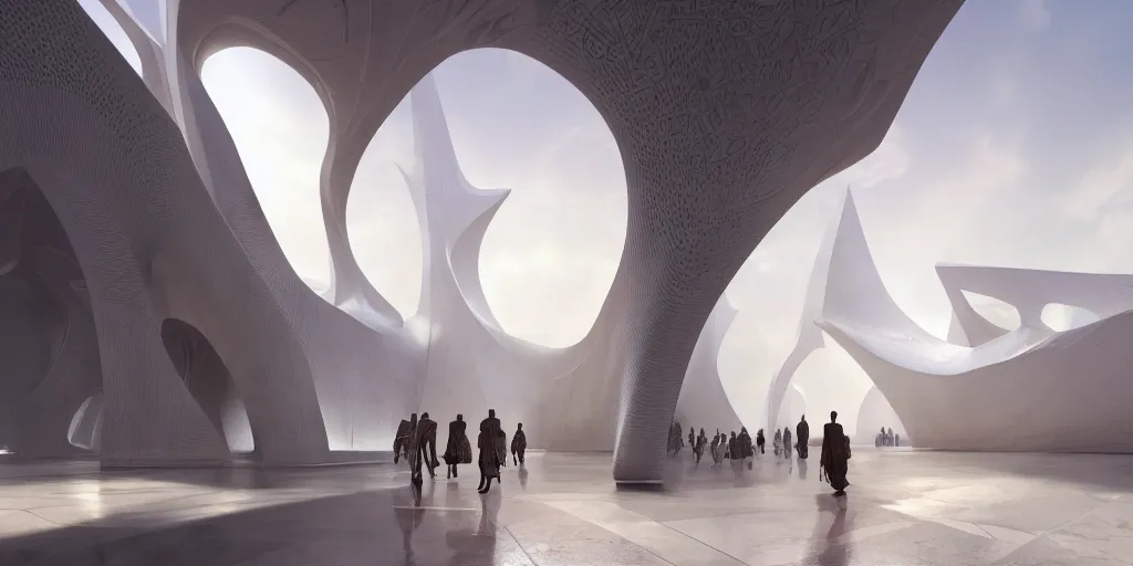 Image similar to the inside of a monument with nigerian motifs, by tim blandin and arthur haas and bruce pennington and john schoenherr, big windows architecture by zaha hadid, octane render, warm colour scheme, white, cinematic, scenery, cgsociety, modernism, futuristic, trending on artstation, sci - fi, high detail, high quality, close up angle, people walking