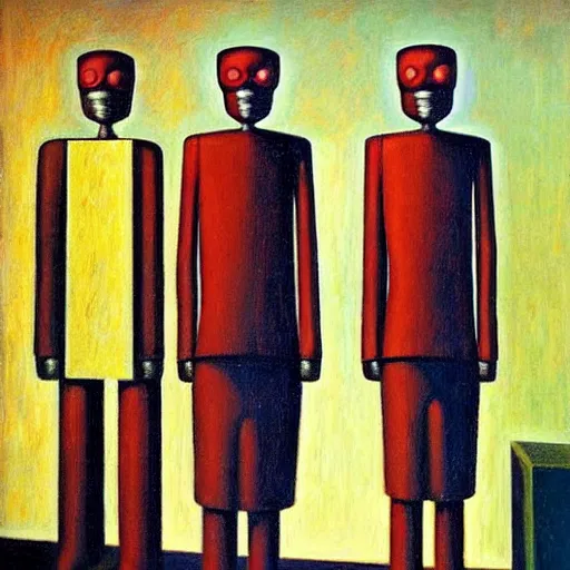 Image similar to three brutalist robot bishops portrait, grant wood, pj crook, edward hopper, syd mead, oil on canvas