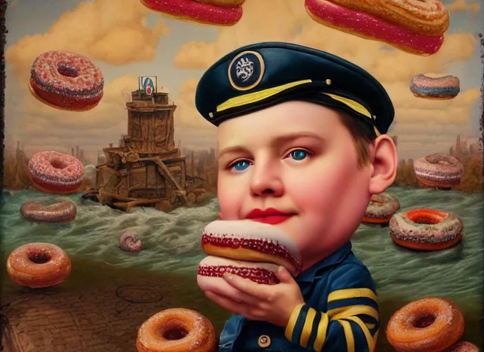 Prompt: american captain made of donuts, lowbrow, matte painting, 3 - d highly detailed, in the style of mark ryden,