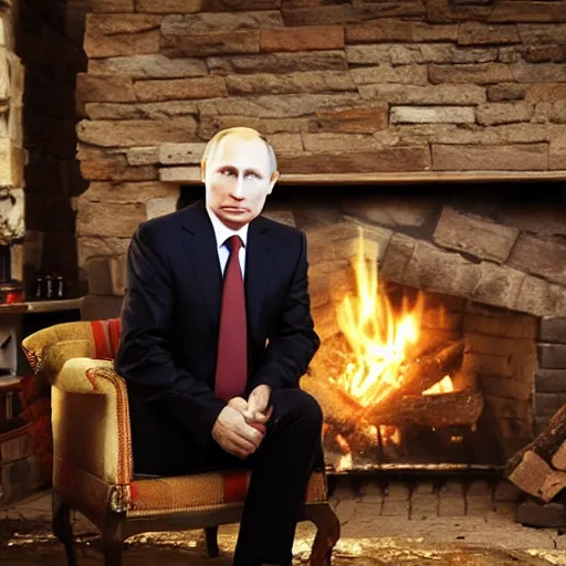 Prompt: vladimir putin in a waistcoat staring at a log fire photograph, dslr, rule of thirds