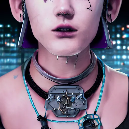 Image similar to detailed realistic cyberpunk female character cyberpunk wearing large steel collar around neck, realistic, art, beautiful, 4K, collar, choker, collar around neck, punk, artstation, detailed, female, woman, choker, cyberpunk, neon, punk, collar, choker, collar around neck, thick collar, choker around neck, wearing choker, wearing collar, bright neon punk hair, collar, choker,