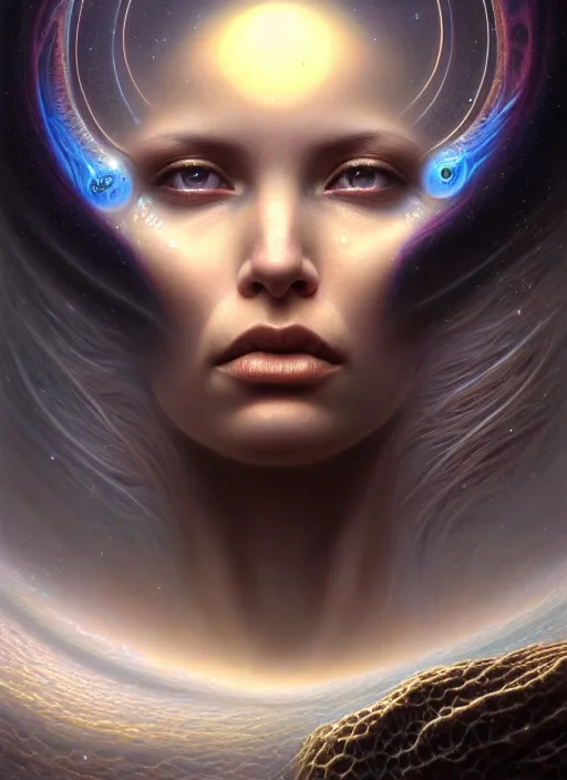 Prompt: closeup portrait shot of a beautiful cosmic woman in a scenic dystopian environment, intricate, elegant, highly detailed, centered, digital painting, artstation, concept art, smooth, sharp focus, illustration, artgerm, tomasz alen kopera, peter mohrbacher, donato giancola, joseph christian leyendecker, wlop, boris vallejo